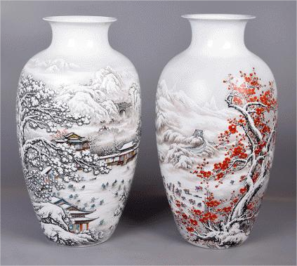 《天下祥瑞》对瓶 雪景大王 凌宗正 陶瓷艺术雪景珍藏瓷